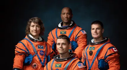  Artemis II crew. Clockwise from left: NASA Astronauts Christina Koch, Victor Glover, Canadian Space Agency Astronaut Jeremy Hansen, NASA Astronaut Reid Wiseman.