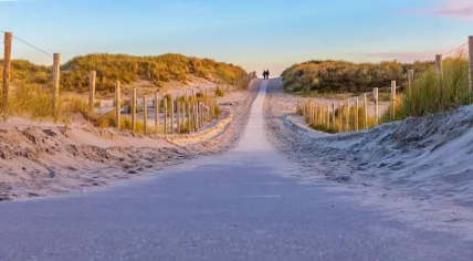 Couple walking on the path of bollard-lined sandy dune crossing near the beach in late evening light with blue sky, Hoek van Holland, Netherlands