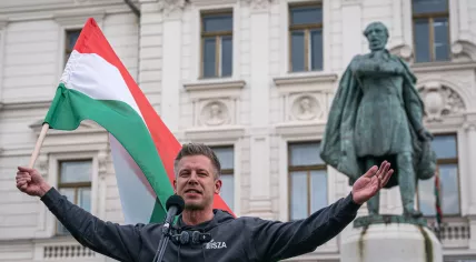 Hungarian politician Peter Magyar leader giving a speech in Pecs, Hungary - 11 April 2025