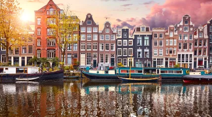 Apartments, businesses, and hotels along the Singel in Amsterdam. June 2025