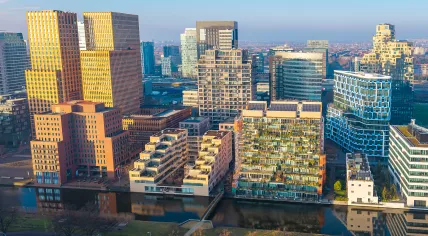 An aerial view looking north from De Boelelaan towards the Amsterdam Zuidas business district