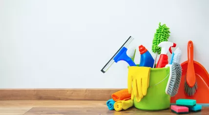 Bucket of cleaning supplies