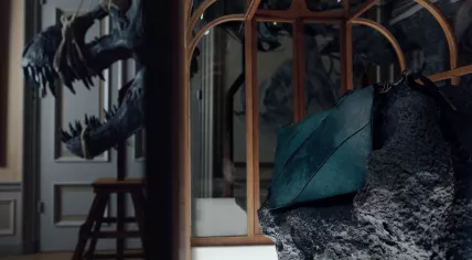 The first handbag made from T-Rex Leather on display at the Art Zoo Museum in Amsterdam. April 2026