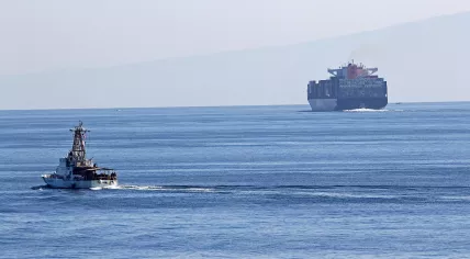 A U.S. Coast Guard cutter and a cargo ship in the Strait of Hormuz, 2 December 2020