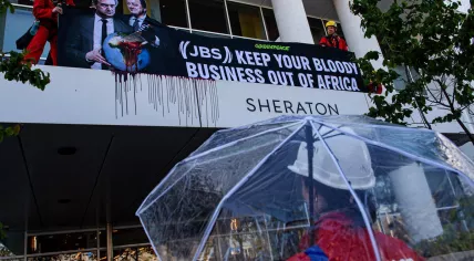 Greenpeace activists storm a meeting by meat processing company JBS, April 30, 2026.