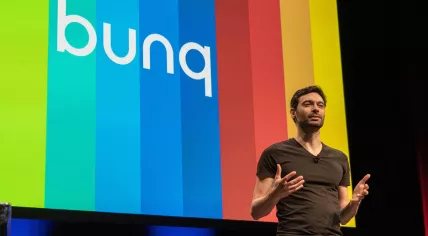 Ali Niknam, the CEO and founder of bunq, during a presentation on the European neobank