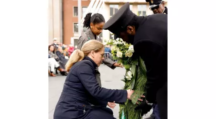 Rotterdam Mayor Carola Schouten laying the wreath for the commemoration of the German bombing of Rotterdam, May 14, 2026.