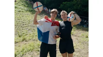 Dutch Niels Wennemars and German Tom Kopke, two of the winners of the Cooper’s Hill cheese rolling championship in Gloucester, England. 25 May 2026