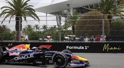 Red Bull Racing's Dutch driver Max Verstappen races during the 2026 Miami Formula One Grand Prix at Miami International Autodrome in Miami Gardens, Florida, on May 3, 2026.