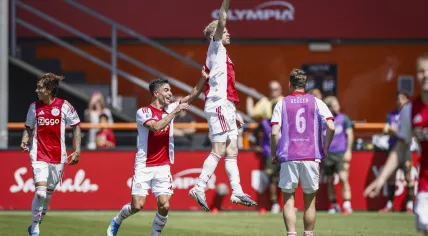 Ajax players Maher Carrizo, Lucas Rosa, Davy Klaassen and Youri Regeer celebrate Klaassen’s 1-0 goal during the Conference League playoff final against FC Utrecht at Kras Stadium on May 24, 2026, in Volendam, Netherlands.