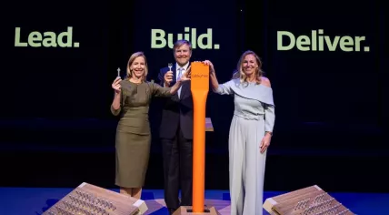 King Willem-Alexander, climate minister Stientje van Veldhoven and Gasunie CEO Willemien Terpstra at the opening of the first section of the Netherlands’ hydrogen pipeline network in Rotterdam. May 21, 2026