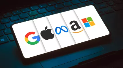 Big Tech: Google, Apple, Meta, Amazon and Microsoft logos displayed on a smartphone screen