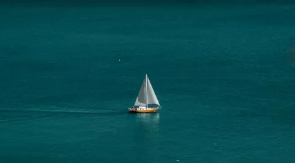 A white and brown sailing yacht out on the open water in 2019