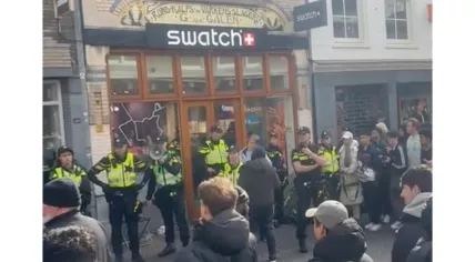 Chaotic scenes at the Swatch store in Utrecht as unruly crowds tried to get the Royal Pop collaboration watch produced with Audemars Piguet. 16 May 2026