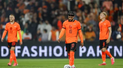 Memphis Depay reacts after the Netherlands conceded the 0-1 goal during the international friendly between the Netherlands and Algeria at De Kuip stadium in Rotterdam, the Netherlands, on June 3, 2026. The Dutch national team is preparing for the 2026 FIFA World Cup.