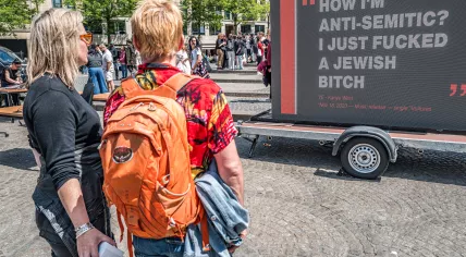 Protesters gather on Dam Square to oppose the arrival of American rapper Ye. A court in Amsterdam ruled that Ye, formerly known as Kanye West, is permitted to enter the Netherlands despite a history of making multiple antisemitic and pro-Nazi statements. Ye is currently touring Europe and is scheduled to perform two concerts at the GelreDome.