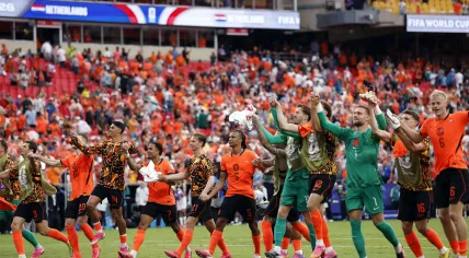 Netherlands players celebrate their victory after the 2026 FIFA World Cup Group F match between Tunisia and the Netherlands at Kansas City Stadium on June 25, 2026, in Kansas City, United States.