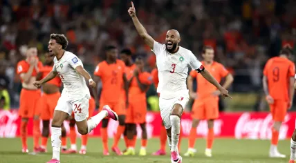 Morocco's Neil El Aynaoui (l) and Noussair Mazraoui celebrate their penalty shootout victory over the Netherlands in Monterrey, Mexico. 29 June 2026
