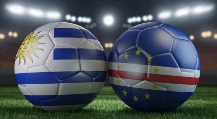 Cape Verde, Uruguay flags on soccer bals.