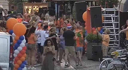 Oranje fans in Elburg celebrate after their side defeated Sweden 5-1 at the 2026 FIFA World Cup, June 20, 2026.