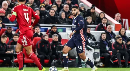 Ismael Saibari of PSV Eindhoven breaks with the ball during the UEFA Champions League Matchday 5 of 8 Liverpool vs PSV Eindhoven at Anfield, Liverpool, United Kingdom, 26th November 2025