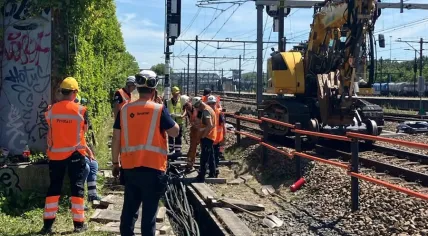 ProRail workers examine the site of a cable fire near Rotterdam Stadion. June 29, 2026