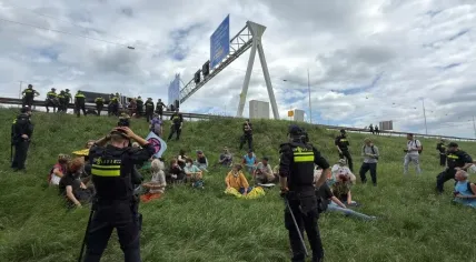 Dutch police at the A12 highway. More than 270 activists were arrested for highway blockade near Utrecht. July 4, 2026.