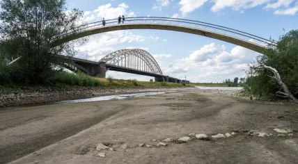 Low water levels at the Waalbrug bridge and the Wandelbrug Ooijpoort in Nijmegen, 20 July 2026