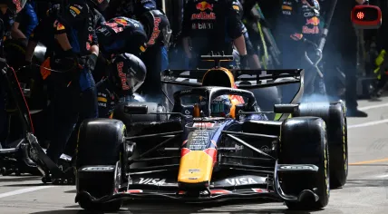 Red Bull Racing driver Max Verstappen of Netherlands makes a pit stop in the pitlane during the Formula One British Grand Prix at the Silverstone Circuit racetrack in Silverstone, Britain, 05 July 2026. 