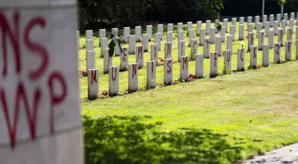 White supremacist slogans, statements against the leaders of Ukraine and Russia, and anti-Islam remarks spray painted on graves and monuments at the Soviet WWII cemetary in Leusden. 10 July 2026