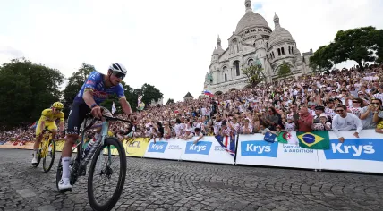 Mathieu van der Poel on his way to winning the final stage of the Tour de France in Paris. 26 July 2026 