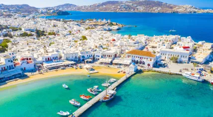 Panoramic view of Mykonos town, Cyclades islands, Greece