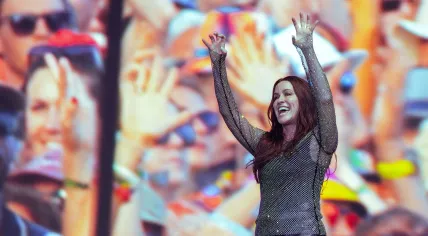 Alanis Morissette performing at the 2025 Glastonbury Festival at Worthy Farm in Somerset, England.