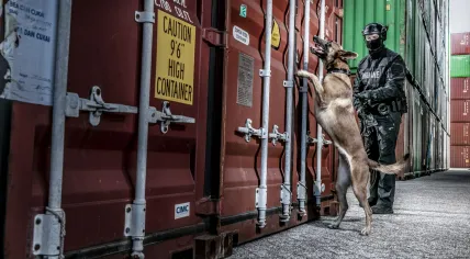 A Customs officer and sniffer dog checking sea containers