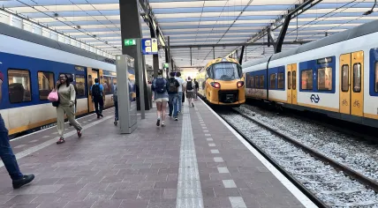 People on a Rotterdam Centraal platform between NS trains at the station. 15 July 2026