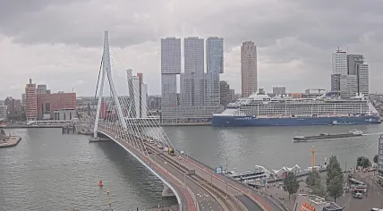 A screenshot from Rotterdam's live webcam shows emergency service vehicles filling the Erasmus Bridge after two RET trams collided. 15 people were hurt, including 7 neeing hospital treatment. 22 July 2026