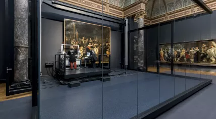 Undated photo of restoration work of Rembrandt's The Night Watch underway at the Rijksmuseum