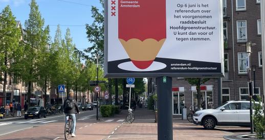 A billboard reminding Amsterdam residents to vote in the European Parliament election and a city referendum on green space on 6 June 2024. Photo taken in Amsterdam Oost on 6 May 2024