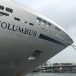 Storm clouds over the Columbus cruise ship docked at the Passenger Terminal Amsterdam, 31 May 2018
