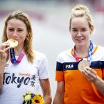 Annemiek van Vleuten (L) with her gold medal and Anna van der Breggen with her bronze medal after the individual cycling time trial on the Fuji International Speedway during the Olympic Games in Tokyo, 28 July 2021