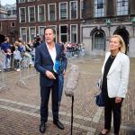 Mark Rutte (VVD) and Sigrid Kaag (D66) after a cabinet formation meeting with informateur Mariette Hamer, 19 August 2021