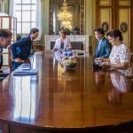 (Left to right) Mark Rutte (VVD), Wopke Hoekstra (CDA), informateur Mariette Hamer, Jesse Klaver (GroenLinks), and Lilianne Ploumen (PvdA) at a cabinet formation talk, 31 August 2021