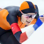 Irene Schouten in action on the 3000m track, during the first day of the 2022 Winter Olympics.