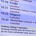 A display board at Amsterdam's Muiderpoort Station showing trains cancelled because of a strike. 9 Sept. 2022