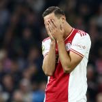 Lorenzo Lucca of Ajax reacts during the Dutch eredivisie match between Ajax Amsterdam and Go Ahead Eagles in the Johan Cruijff ArenA