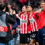 Luuk de Jong of PSV Eindhoven, Cody Gakpo of PSV Eindhoven, PSV Eindhoven keeper Boy Waterman celebrate the victory during the UEFA Europa League group A match between PSV Eindhoven and Arsenal FC in the Phillips stadium on 27 october 2022 in Eindhoven, Netherlands