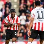 Noni Madueke of PSV Eindhoven celebrates the 3-0 during the Dutch eredivisie match between PSV Eindhoven and NEC Nijmegen in the Phillips stadium on 30 october 2022 in Eindhoven, Netherlands.