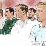 Court room sketch of suspects Kaan B., Sanil B., Hein B., Mees T., and Daan van S. in the Mallorca Case, 17 November 2022