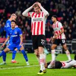 Jarrad Branthwaite of PSV Eindhoven discouraged after a missed chance during the Dutch eredivisie match between PSV Eindhoven and AZ in het Phillips stadium on 12 november 2022 in Eindhoven, Netherlands