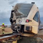 The damage to the leading Arriva train carriage after it slammed into a street sweeper car at a crossing in Tienray, Limburg, that killed the car's driver. 28 December 2022